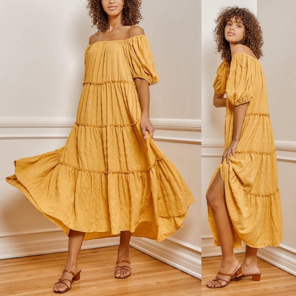 Lulu's Tiers My Dear Yellow Puff Sleeve Tiered Maxi Dress size XL